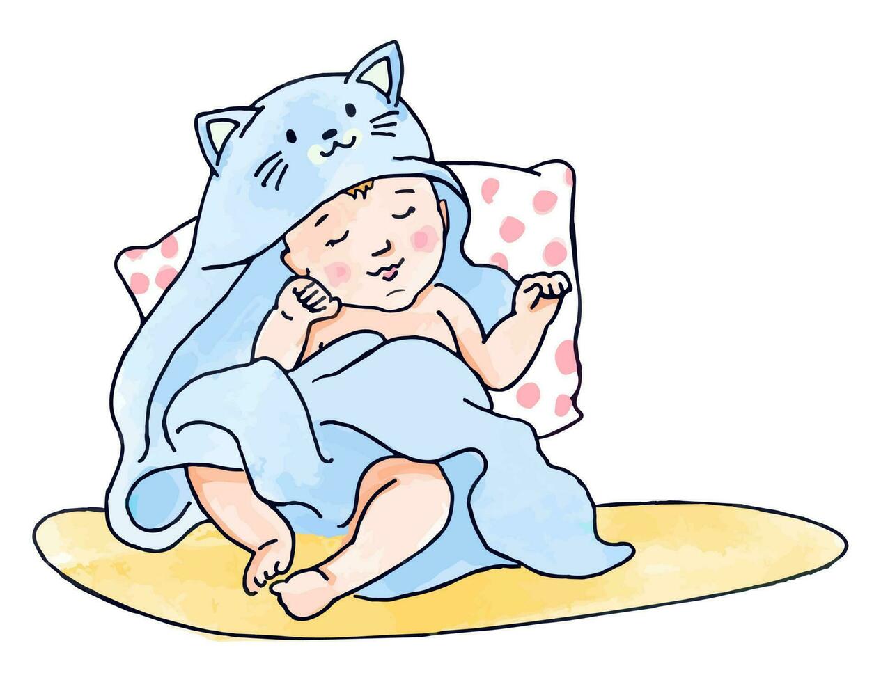 Hand drawn watercolor illustration of little baby in towel. Sleepy child sit on the blanket in doodle style. vector