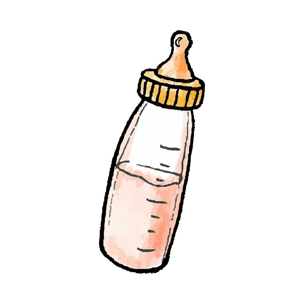 Hand-drawn watercolor illustration of pink baby bottle. Sippy cup with milk in doodle style. vector