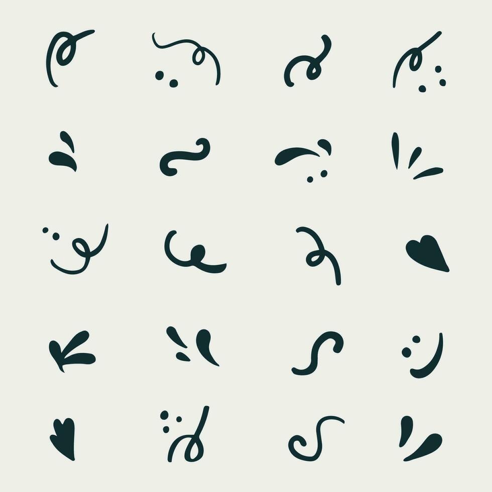 Hand-drawn set of scribbles and scrawls. Splash, leaf, heart and dots in squiggle doodle. vector