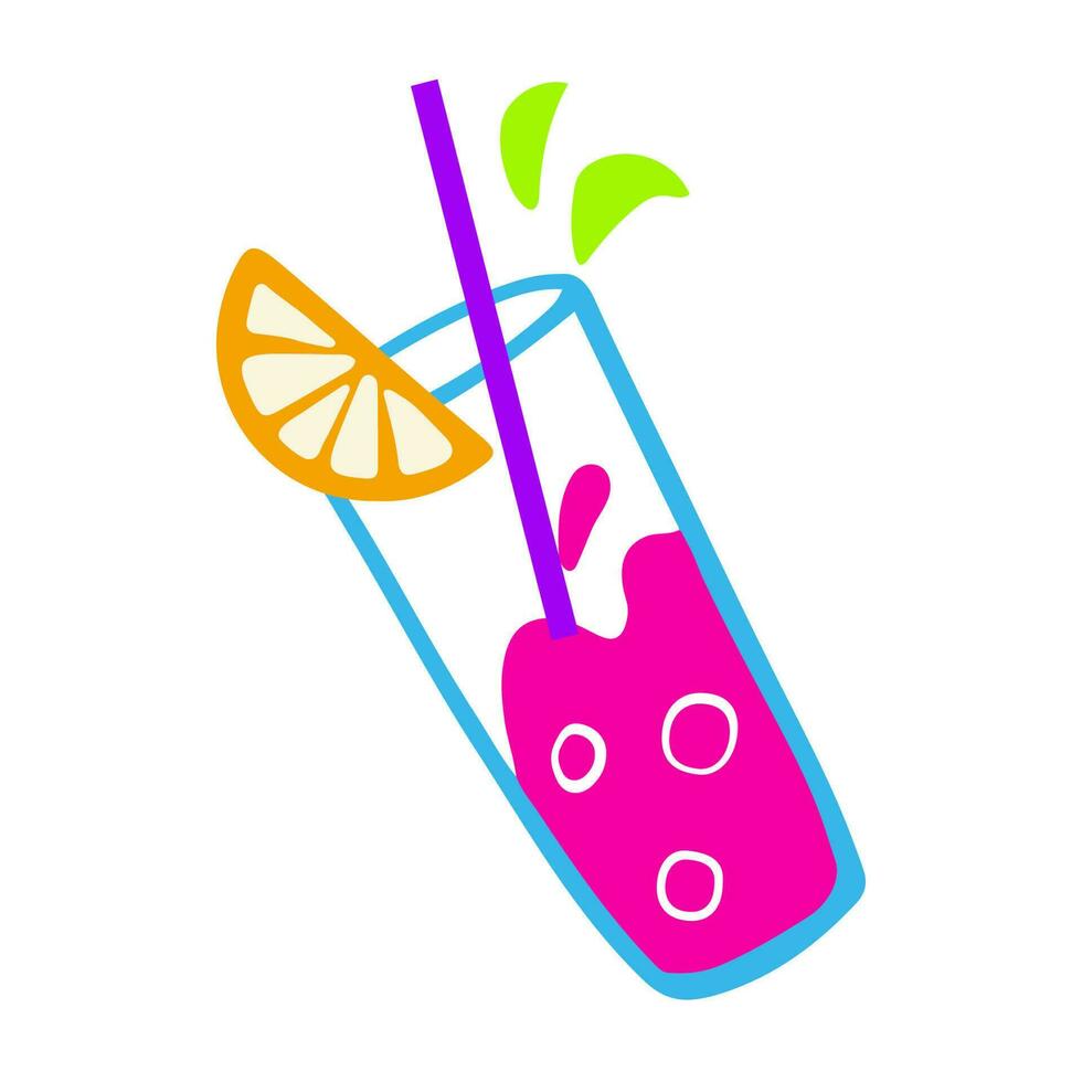 Hand-drawn vivid glass of cocktail illustration. Cocktail with lemon, straw and bubbles in doodle style vector