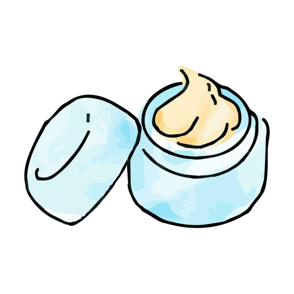 dibujado a mano acuarela ilustración de hidratar crema. bebé piel cuidado artículos aislado en garabatear estilo. vector