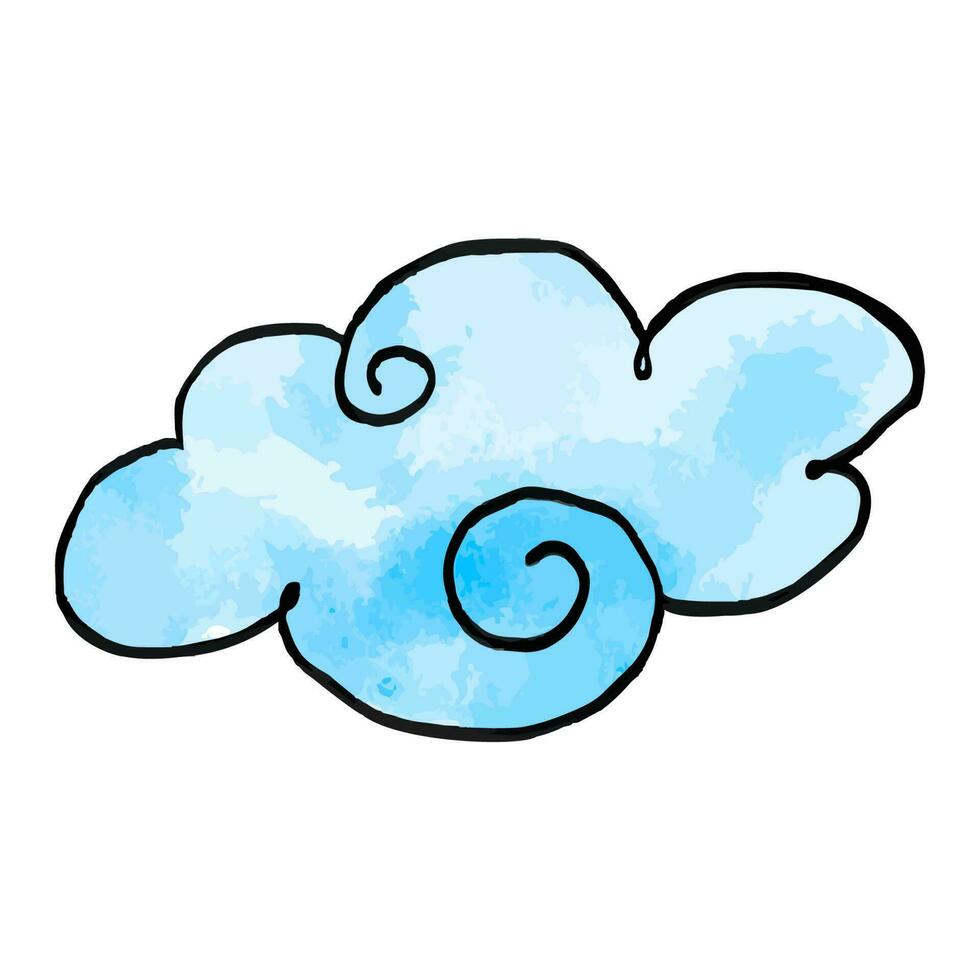 Cute hand-drawn watercolor art of cloud with black outline. vector