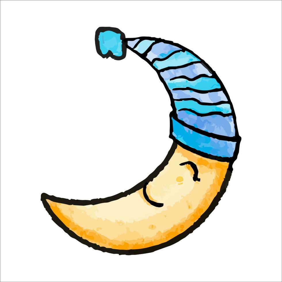 Cute hand drawn watercolor art of crescent moon with night cap in cartoon style. vector