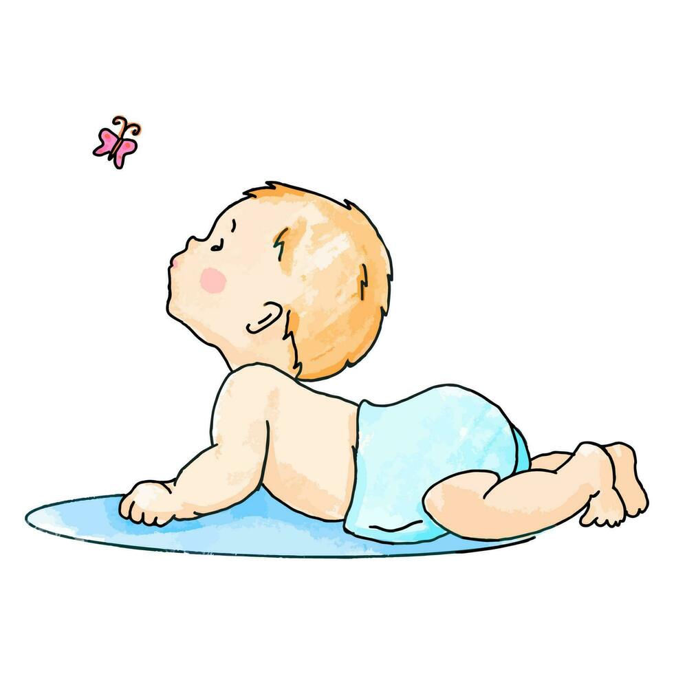 Hand drawn watercolor illustration of little baby in diaper. Child looks at butterfly in doodle style. vector