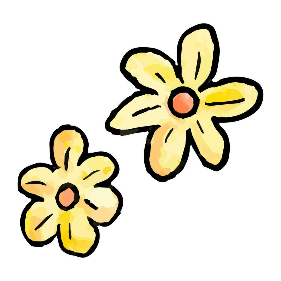 Hand drawn watercolor illustration of yellow flowers in cartoon style. Flowers in black outline. vector