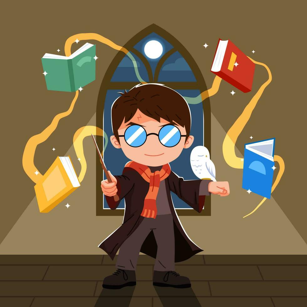 mago estudiante con volador libros vector