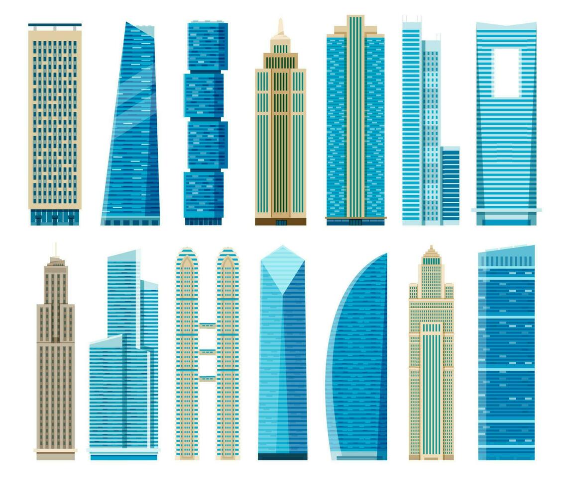 Flat skyscrapers, business office towers, modern glass skyscraper. Downtown apartment building, residential city architecture vector set