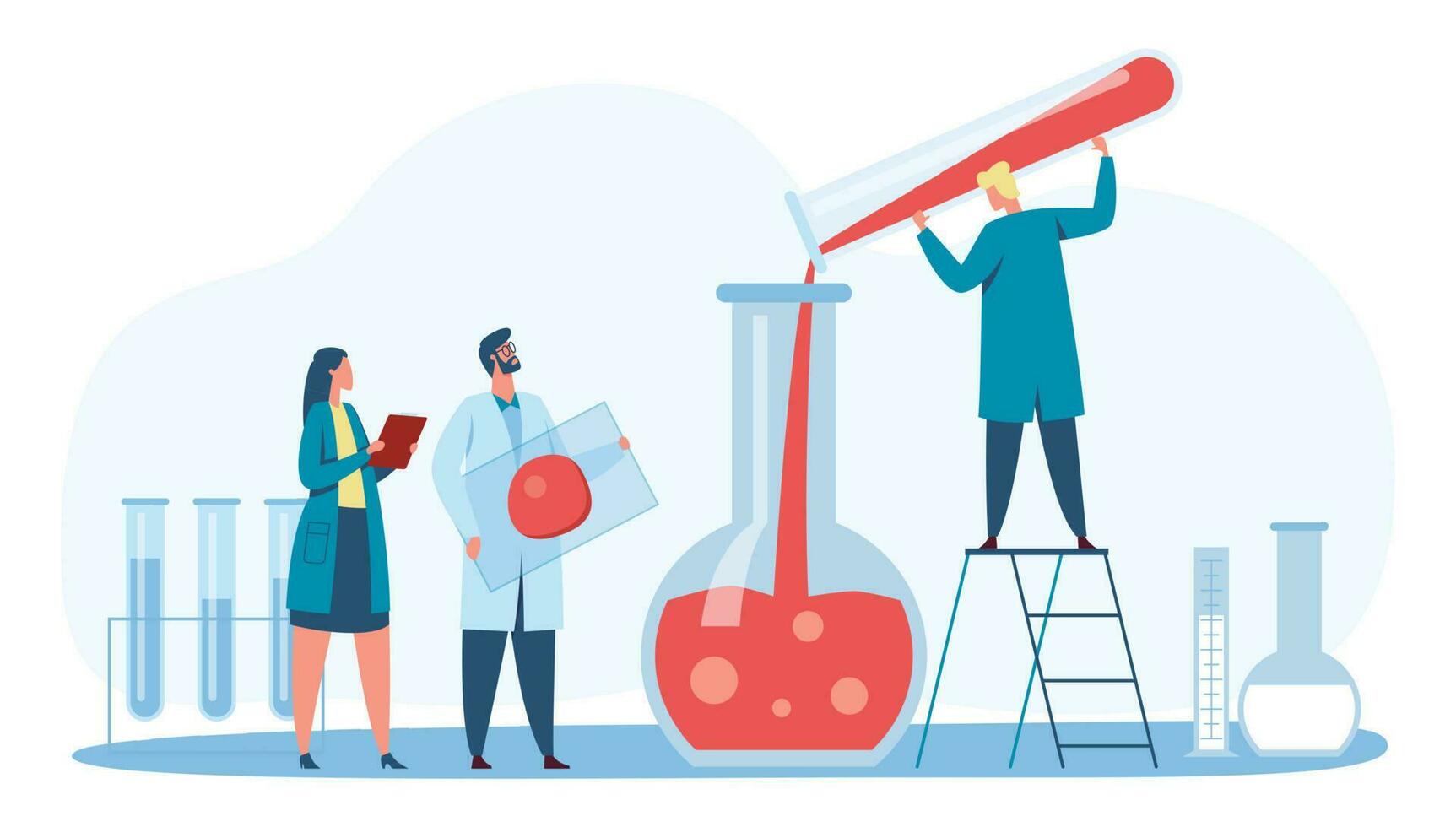 Scientists research. Researcher standing on ladder pouring red liquid from tube to flask. Blood analysis in laboratory vector