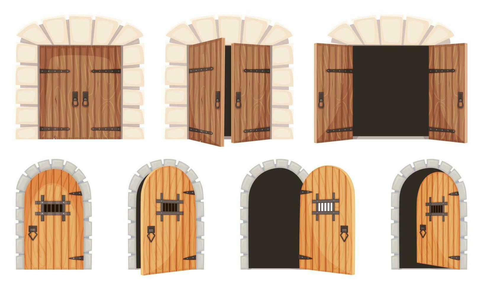 abrió y cerrado medieval puertas, antiguo castillo puerta, calabozo puerta. dibujos animados de madera prisión puerta, antiguo ciudad Entrada puertas vector conjunto