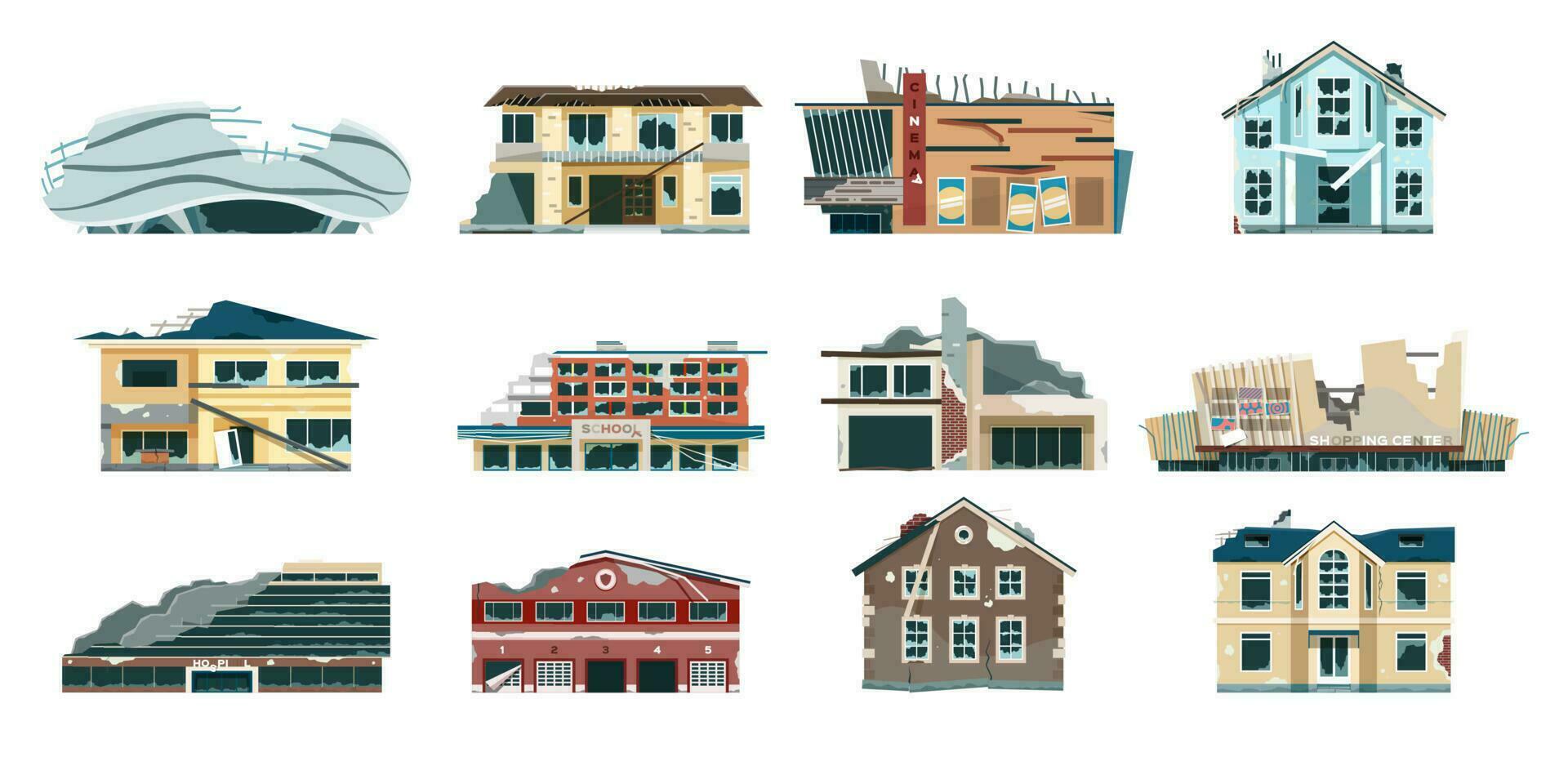 Ruined city buildings, old abandoned and destroyed houses. Collapsed house, decayed building, town ruins after natural disaster vector set