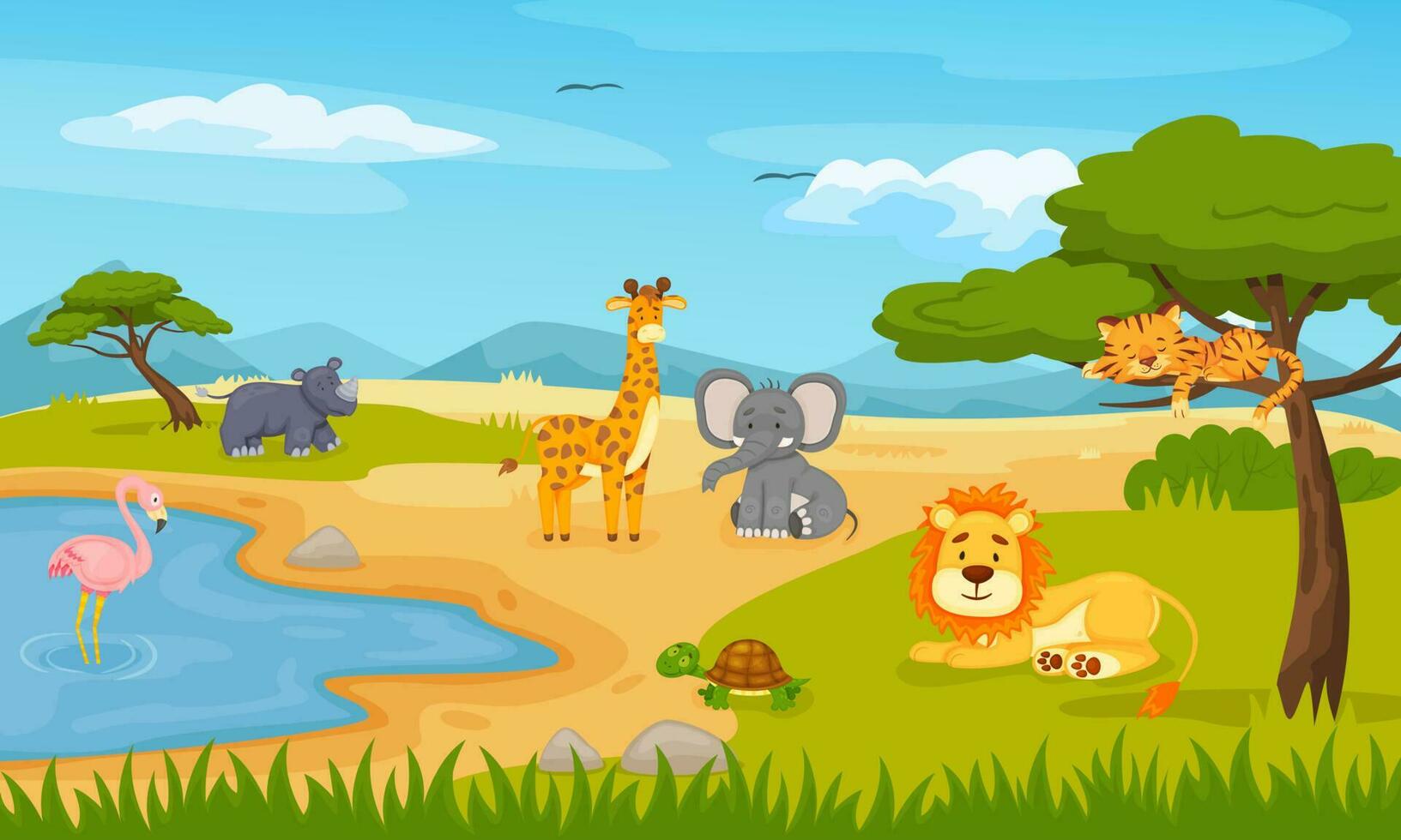 Cartoon wild animals in savannah. Outdoor environment, safari wildlife with pond for cute flamingo, giraffe, rhino vector
