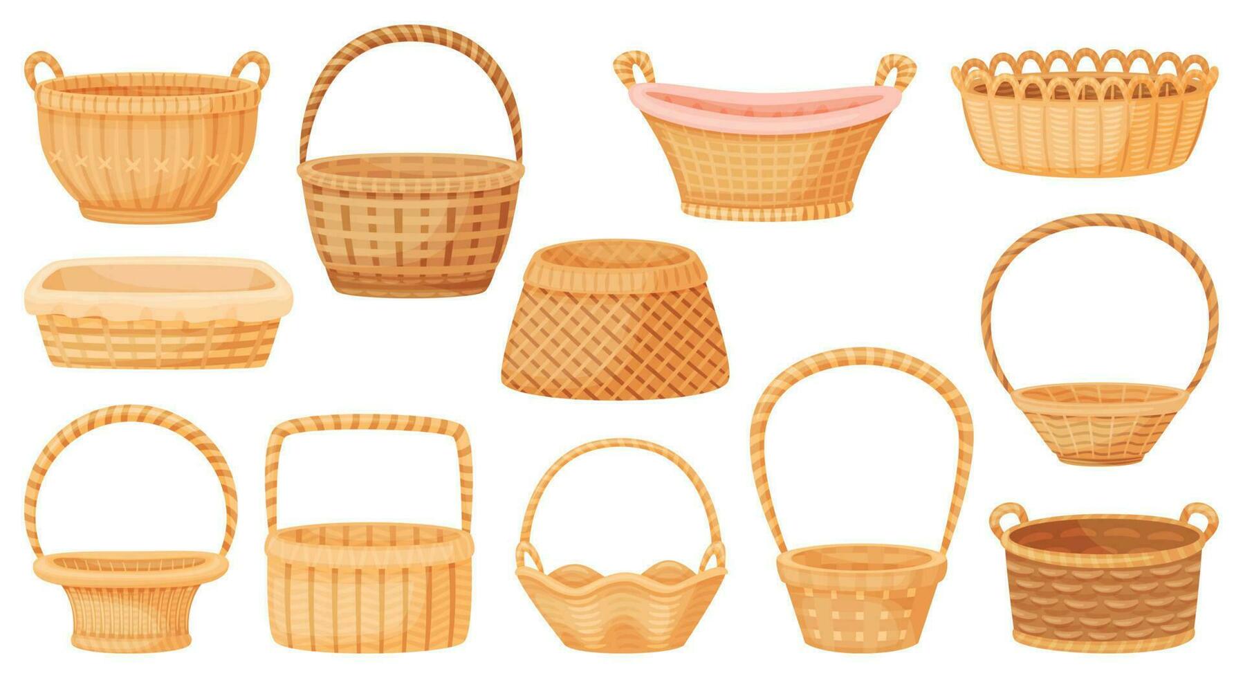 Cartoon wicker baskets, picnic basket, empty gift hamper. Handmade rattan or bamboo woven storage container, rural interior decor vector set