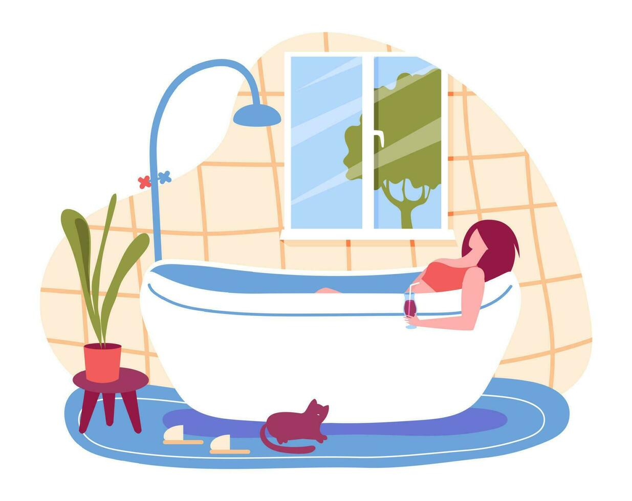 Cartoon woman taking bath. Young female character enjoying free time, drinking cocktail. Beauty treatment vector