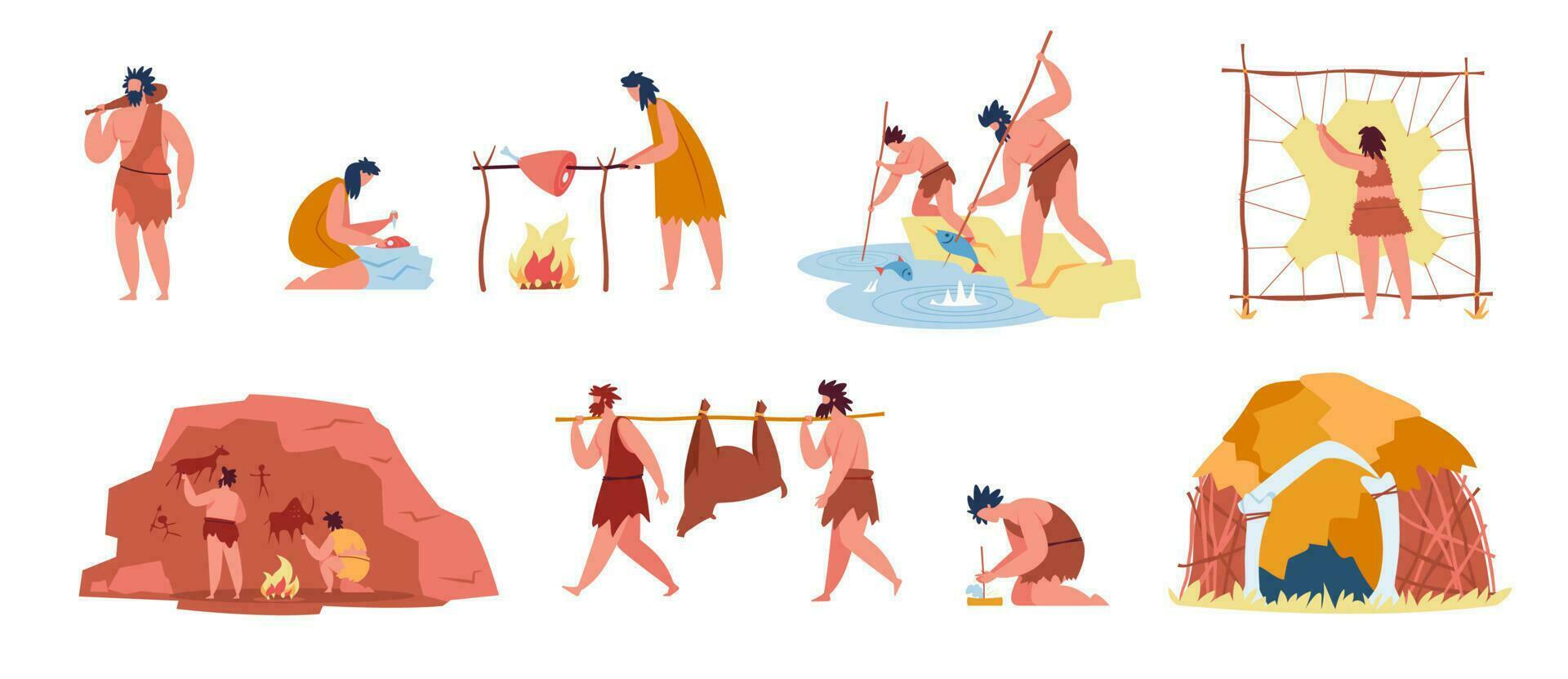 Prehistoric people with stone age tools, Cavemen hunt mammoth. Primitive characters hunting, cooking food, making fire, caveman hut vector set