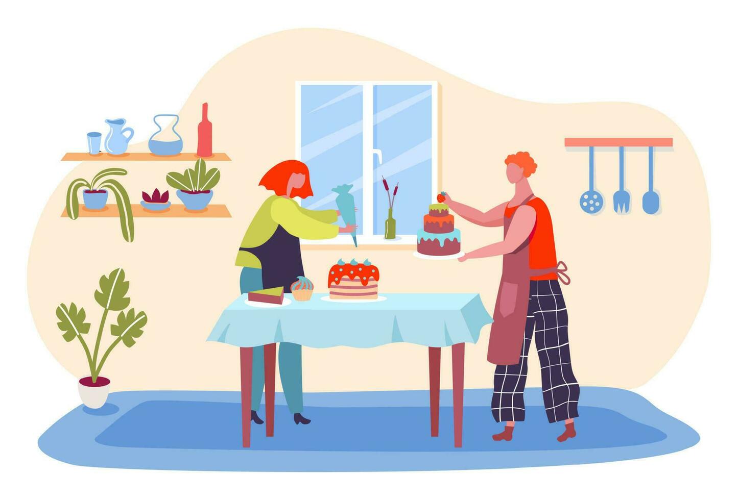 personas Cocinando pastel para cumpleaños celebracion. mujer decorando postre con Crema. hecho en casa delicioso dulces vector