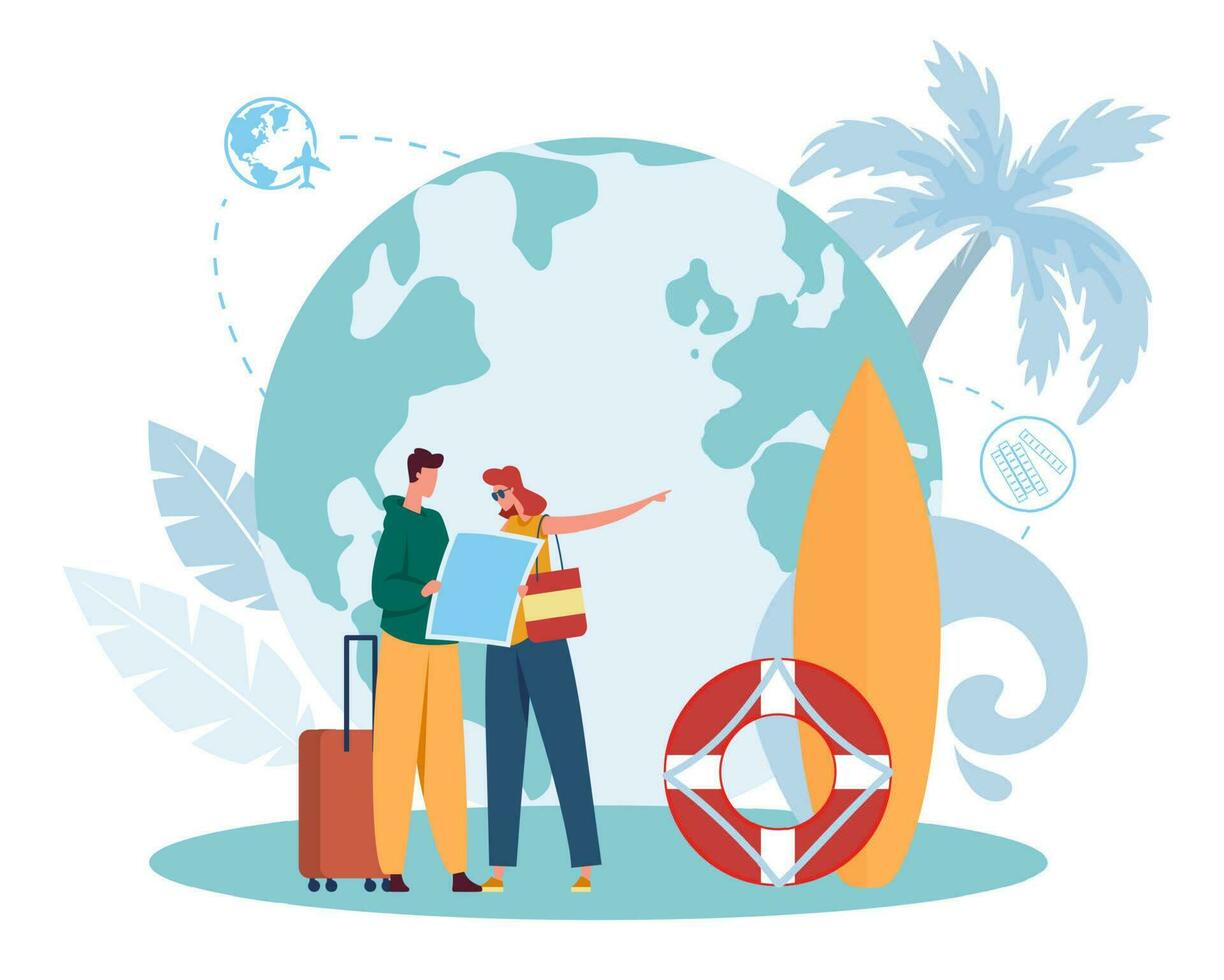 People reading map, traveling concept. Young couple standing with suitcase luggage and searching direction vector