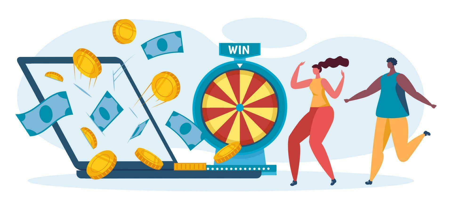 Online lottery game concept. Internet gambling, man and woman winning jackpot. Banknotes and gold coins falling to laptop vector