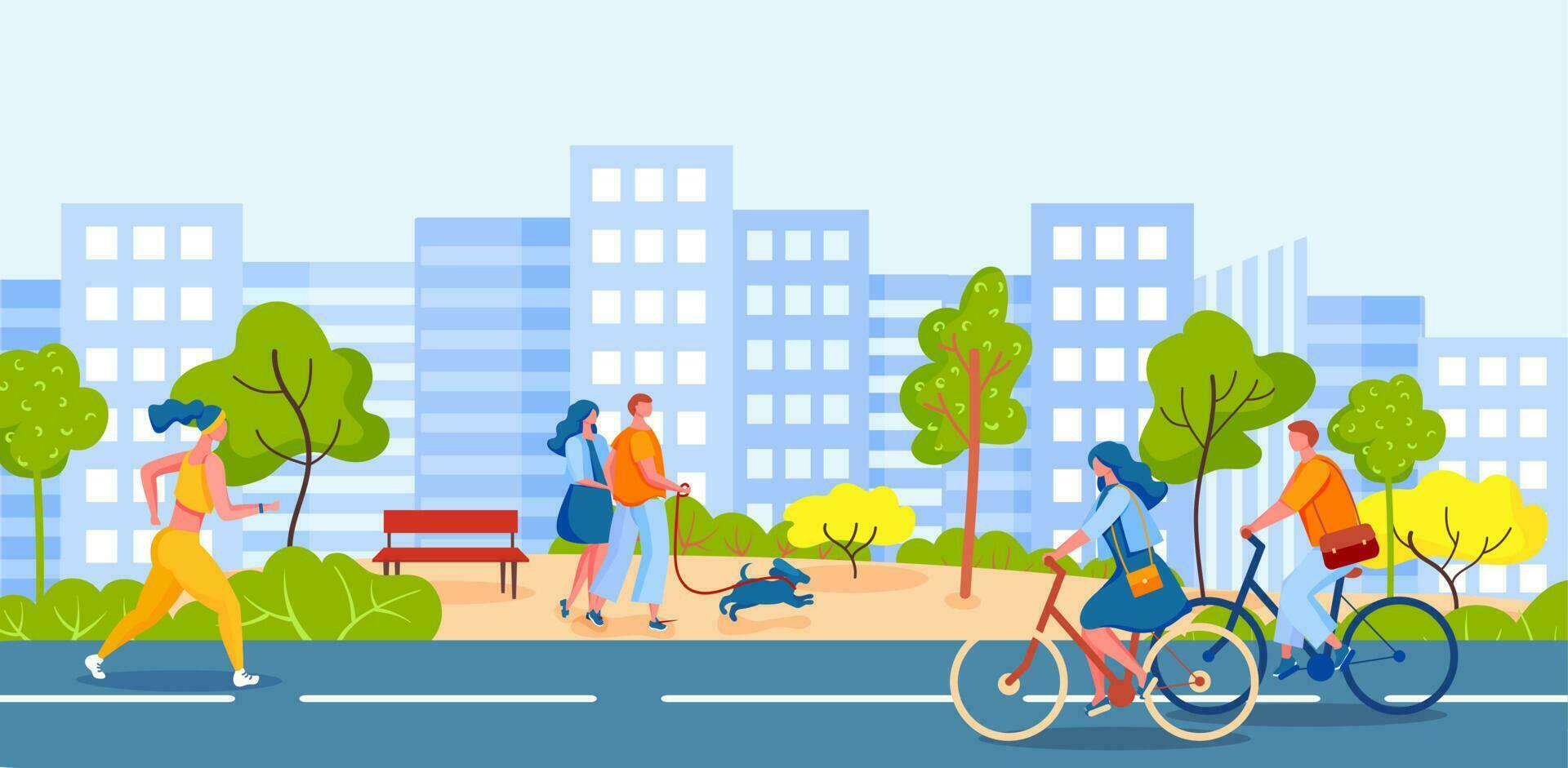 People walking in city park. Characters riding bicycles on cycle lanes. Woman running or jogging in sport clothing vector