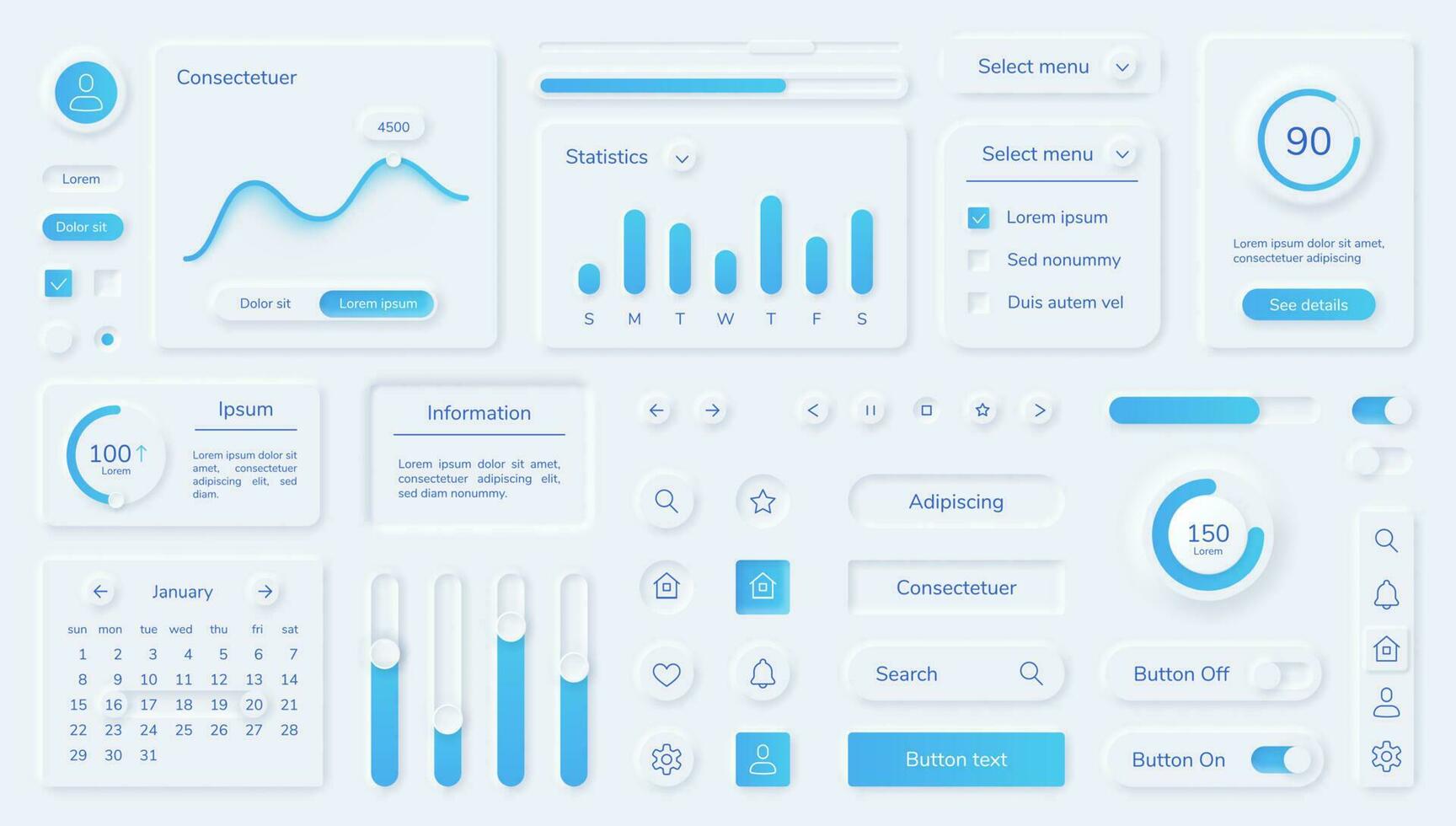 neumorfo usuario interfaz elementos, móvil aplicación ui diseño equipo. botones, barras, deslizadores en neumorfismo estilo para sitio web o tablero vector conjunto