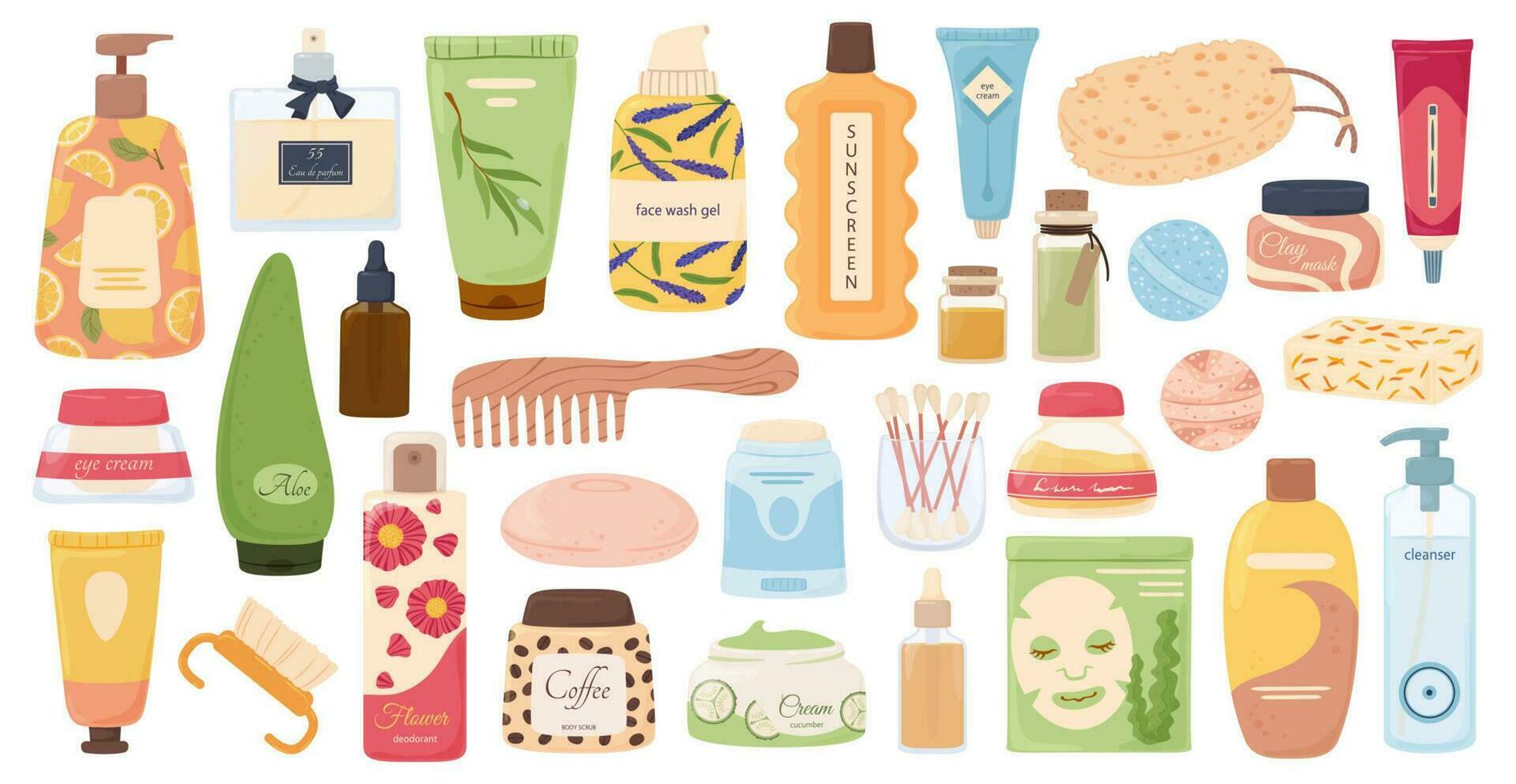 protección de la piel y belleza productos, cosmético botellas, tubos y frascos. dibujos animados limpiador, cara mascarilla, ojo crema, higiene yo cuidado producto vector conjunto