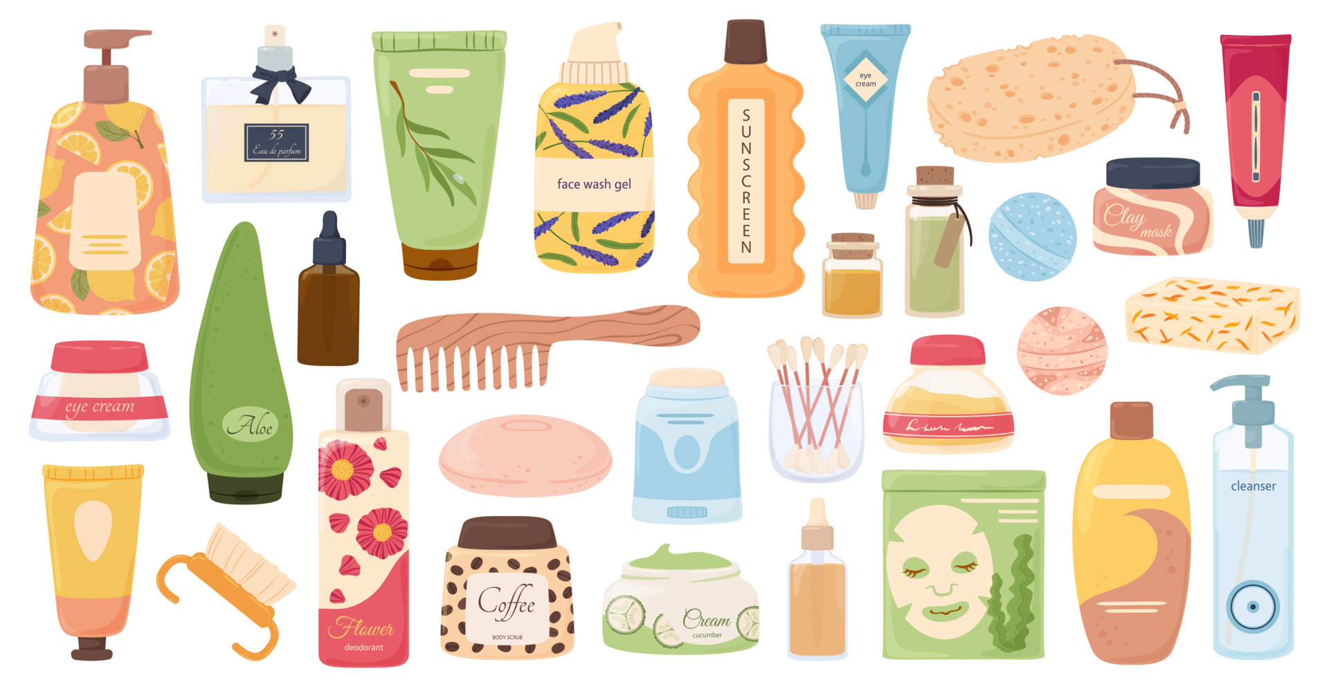 Skincare and beauty products, cosmetic bottles, tubes and jars. Cartoon 