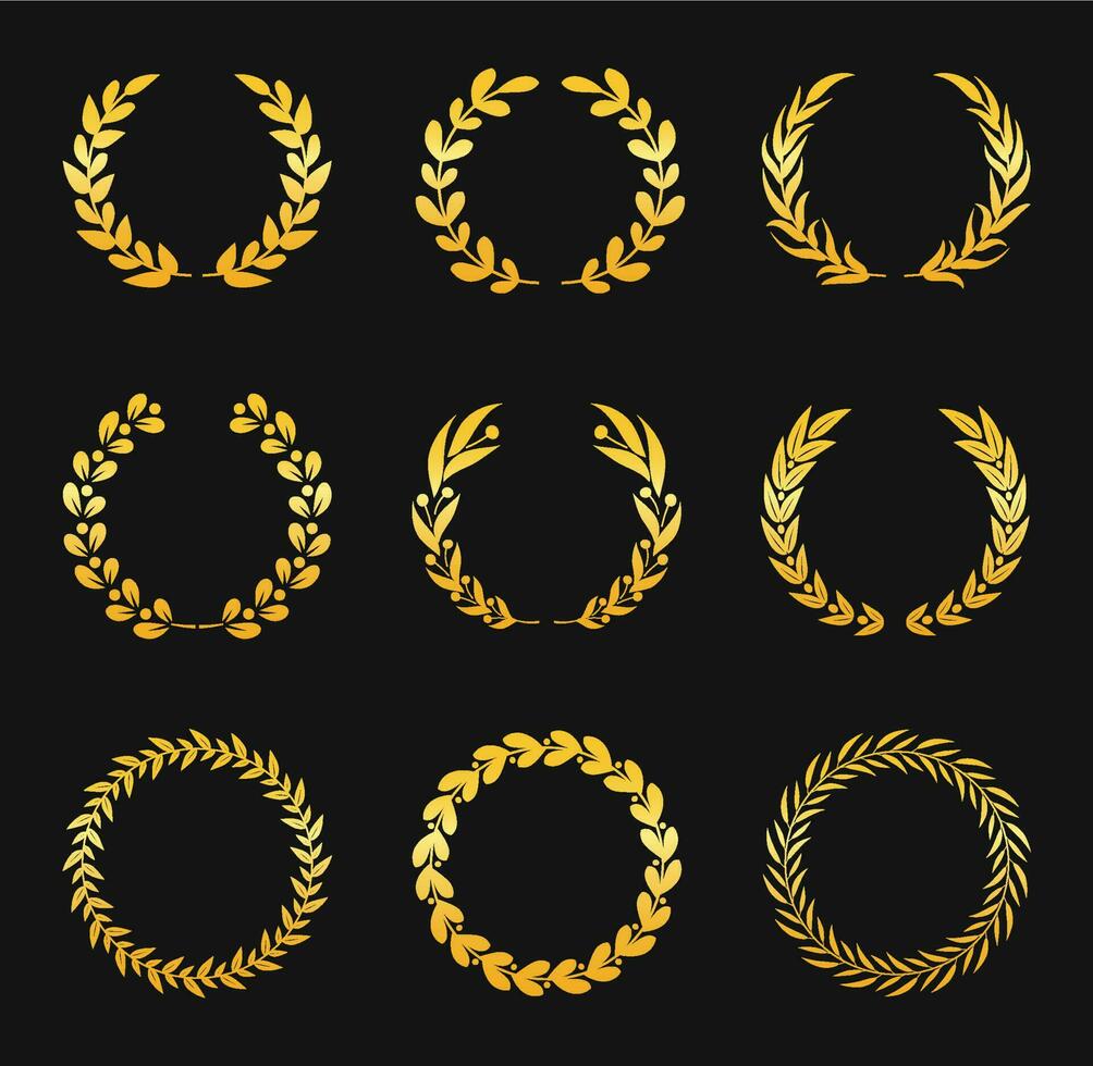 Golden laurel wreath. Wheat and olive foliate branch for victory. Movie festival award. Honor achievement vector