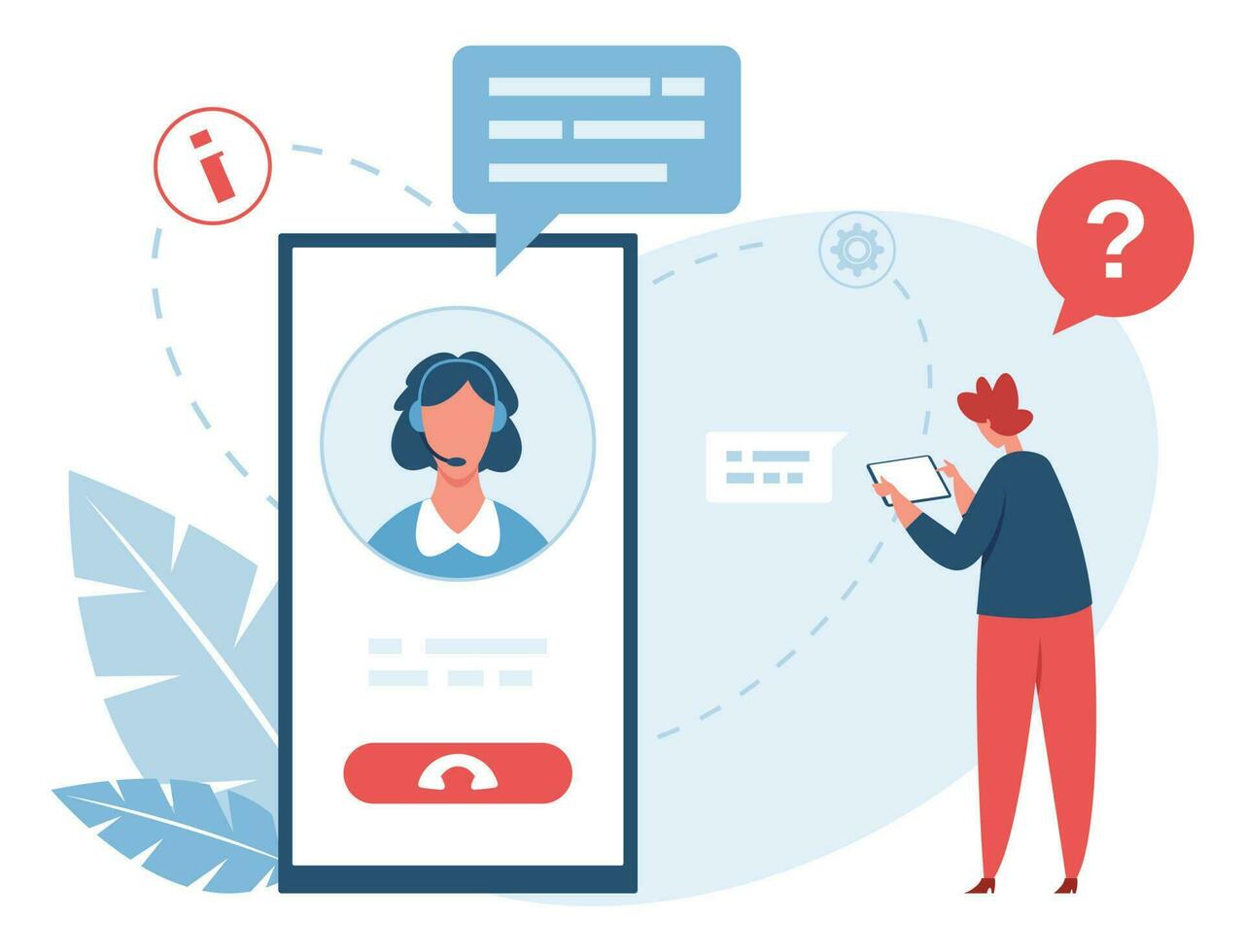Online customer support. Person chatting with assistant. Woman in headphones providing help to client or patient vector
