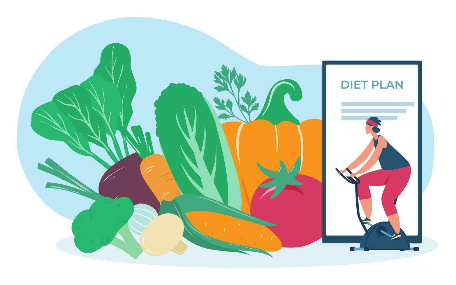 Online diet plan. Female character exercising on bicycle. Overweight woman eating healthy food, fresh vegetables vector