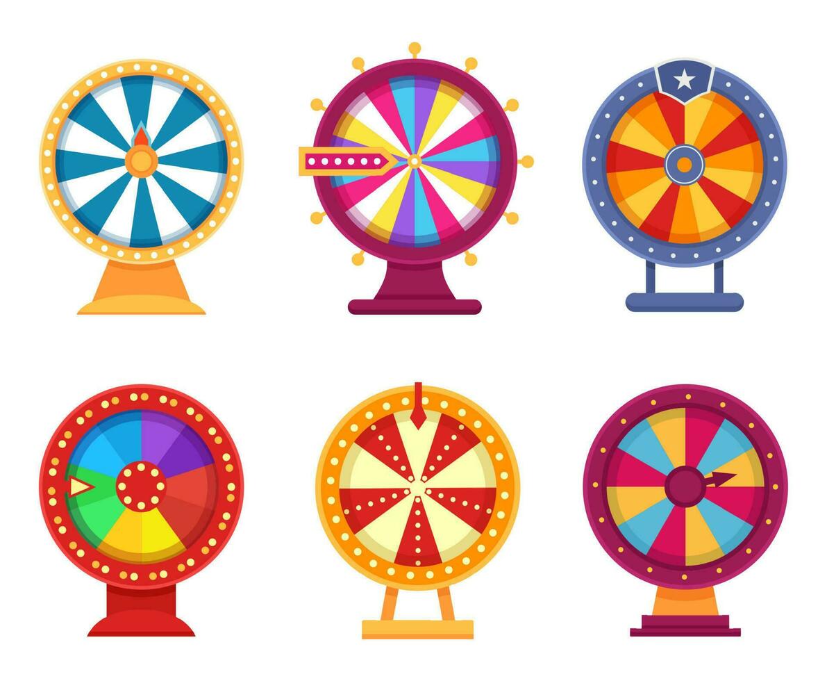 Lucky spinning roulette. Lottery game with colorful sections or slots. Gambling wheel for rotation with arrow vector