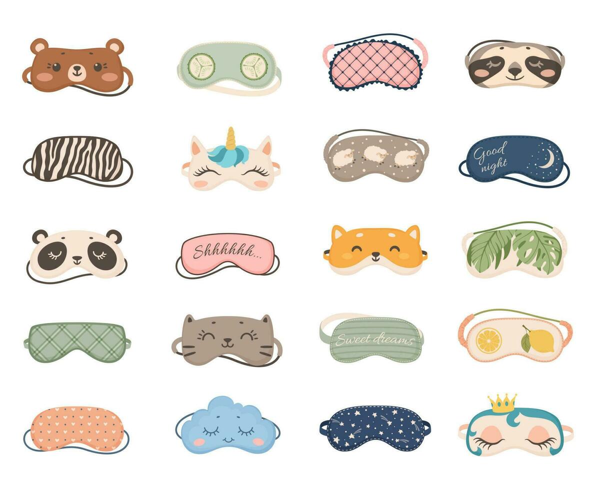 Cute sleeping masks with animals and patterns, night eye mask. Cartoon sleep accessories for dreaming, nightwear pajama elements vector set