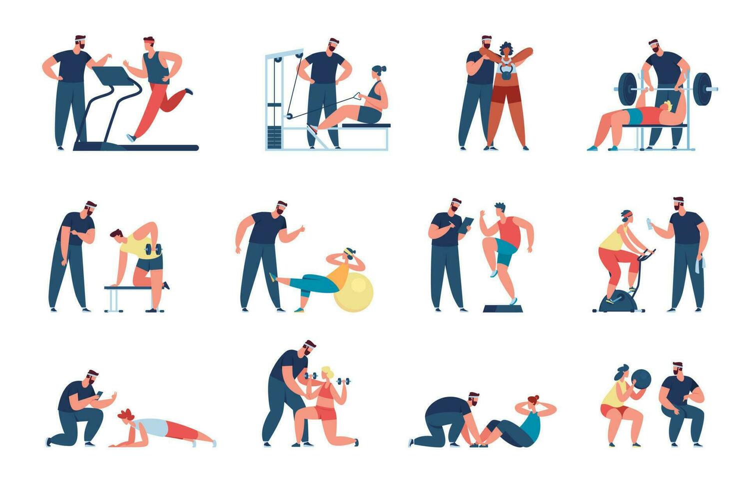 Characters training with personal trainer, athlete with coach. Athletic men and women doing workout with gym fitness instructor vector set