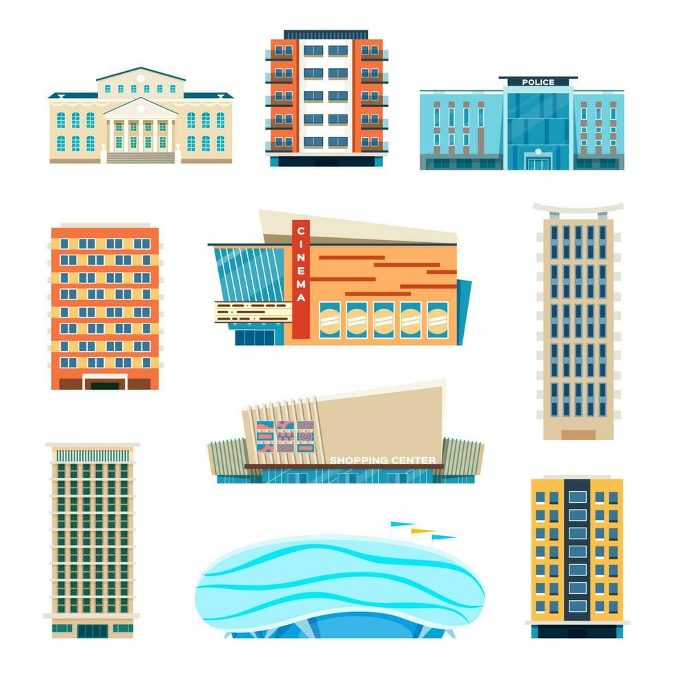 Flat city building, modern apartment buildings, residential houses. Town hall, cinema, police station, urban municipal architecture vector set