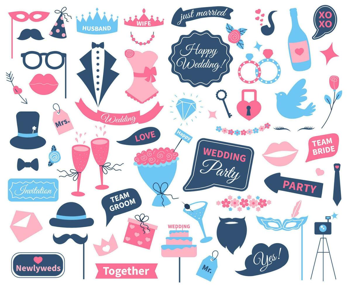 Wedding photo booth props, party accessories for weddings. Just married speech bubble, groom and bride decorations for parties vector set