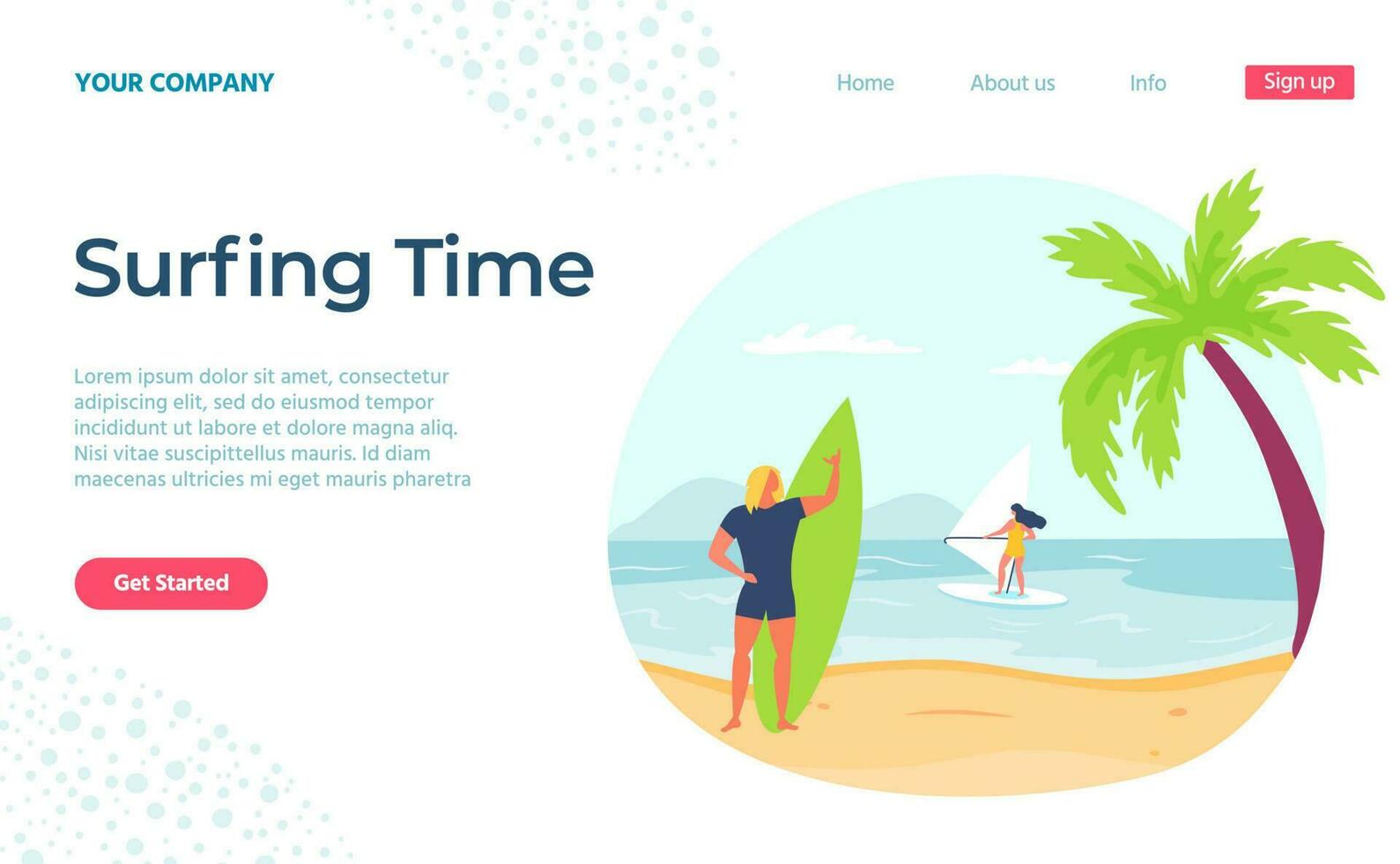 Summer surfing time, beach holiday landing page vector