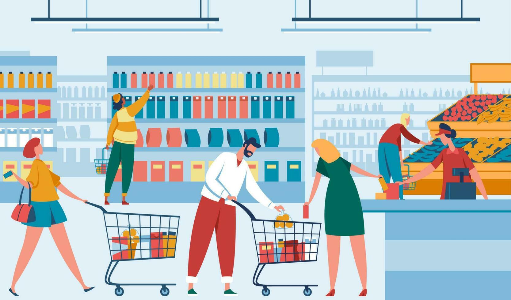 Family do shopping in supermarket, foodstuff store vector