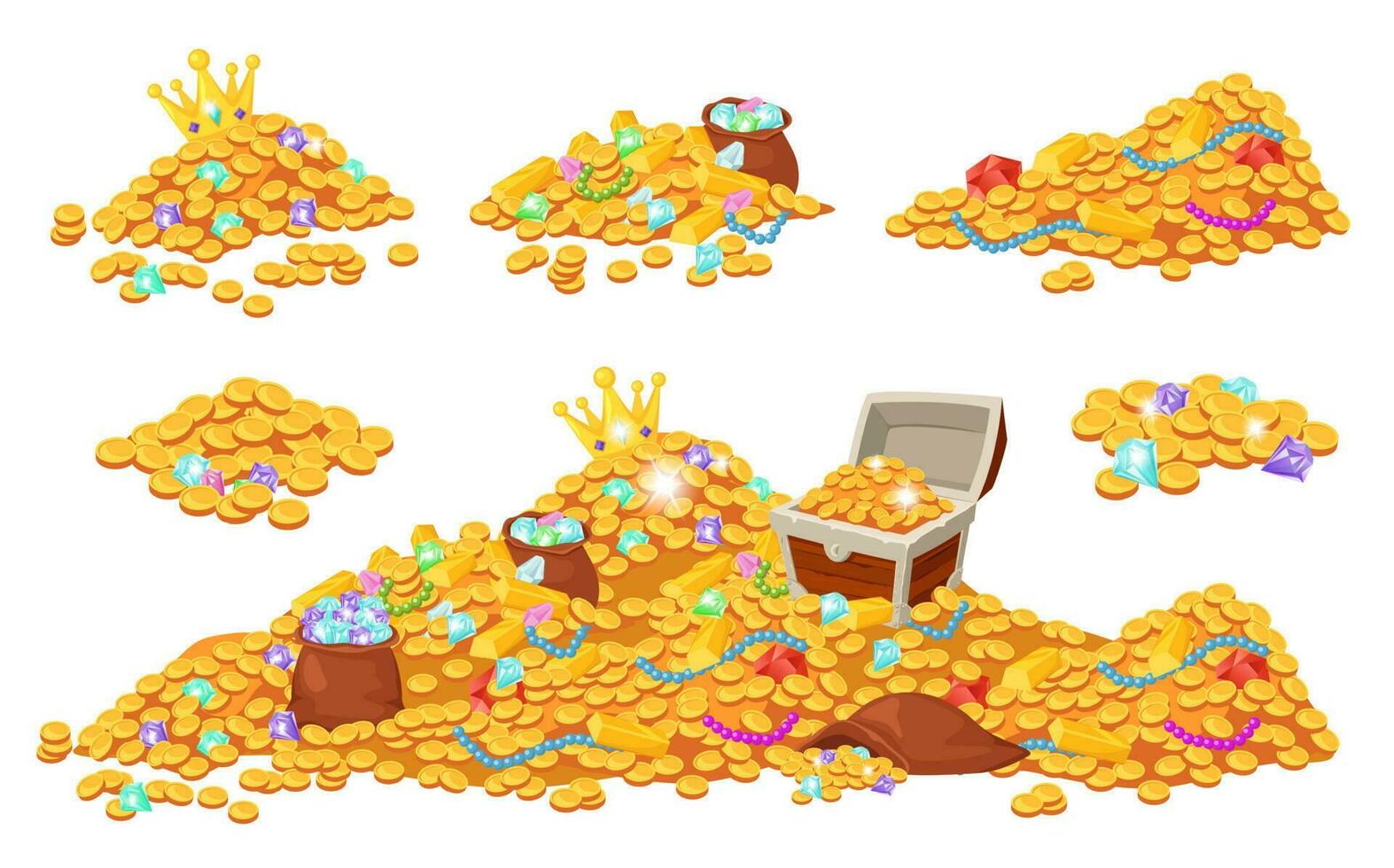 Cartoon treasure piles with coins, jewels, gems and gold bars. Pirate treasures, pile of gold, precious stones, wooden chest, crown vector set