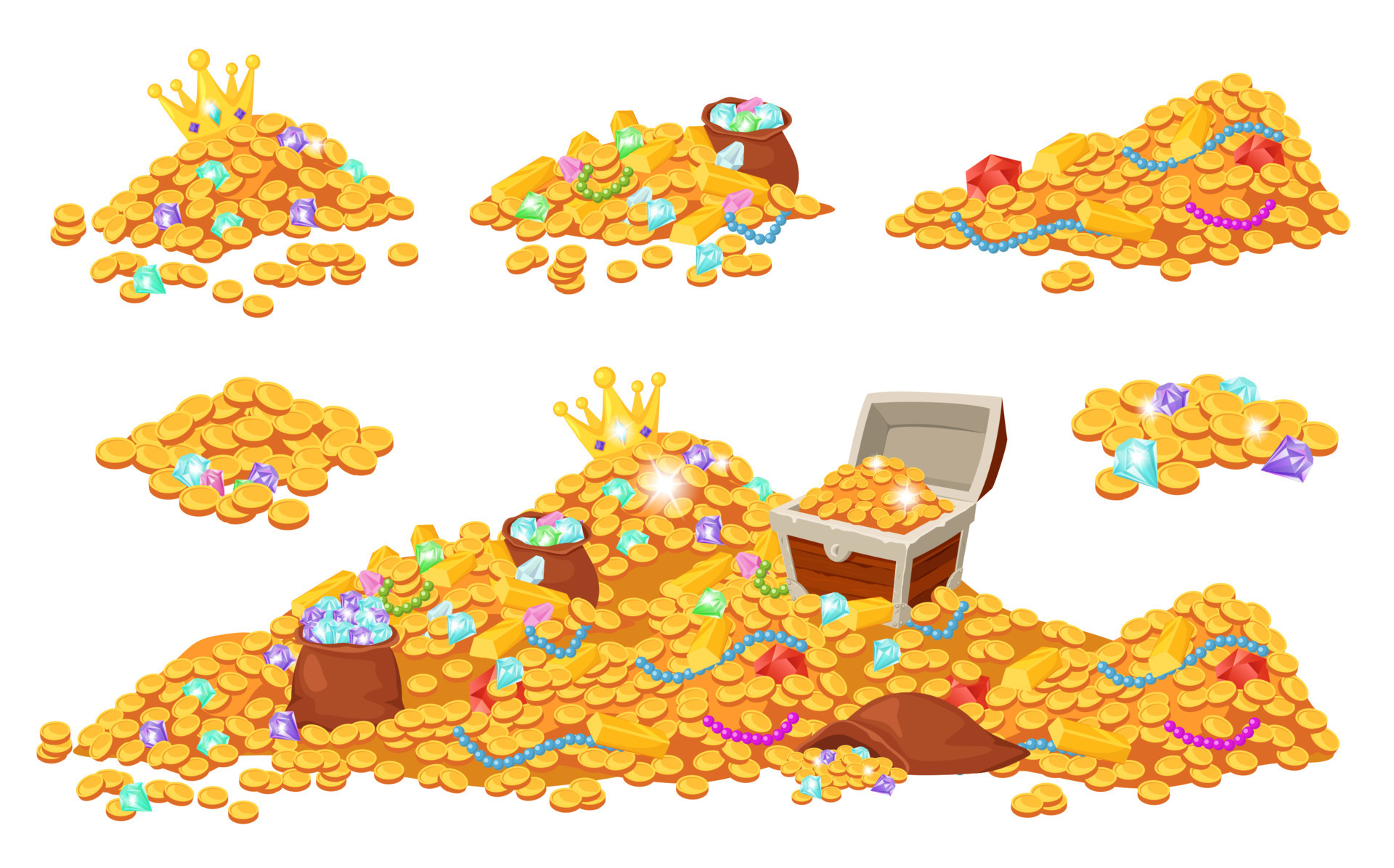 Cartoon treasure piles with coins, jewels, gems and gold bars. Pirate