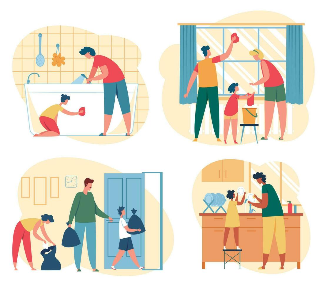Family with kids clean house together concept vector