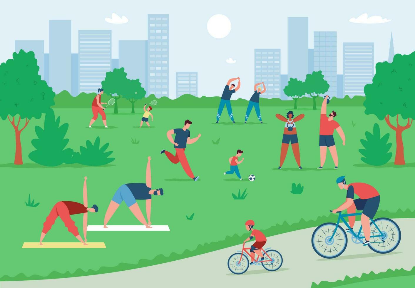 People exercising and doing sports outdoor in summer city park. Active characters riding bikes, doing yoga, playing football vector illustration