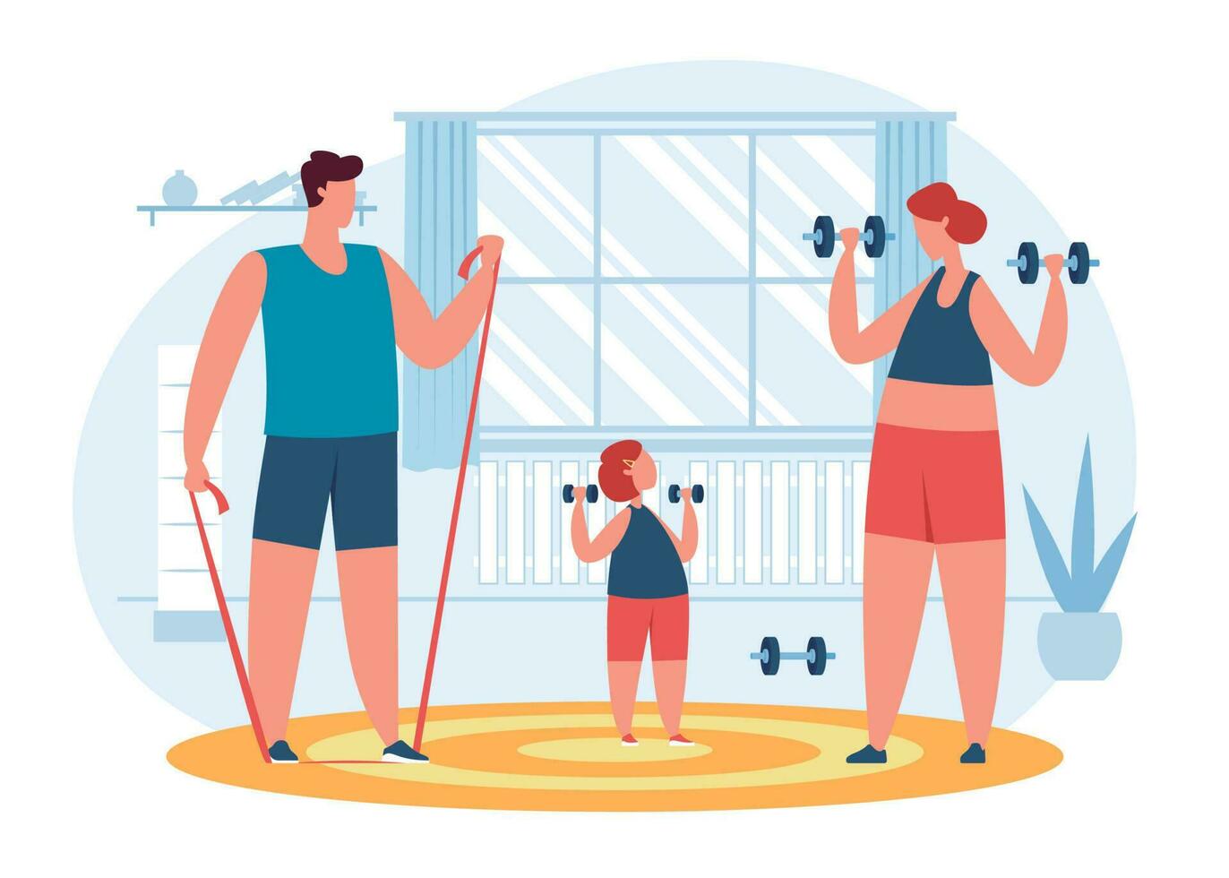 Active healthy family, parents and child exercising at home together. Parent with kid doing sports activity, morning workout vector illustration