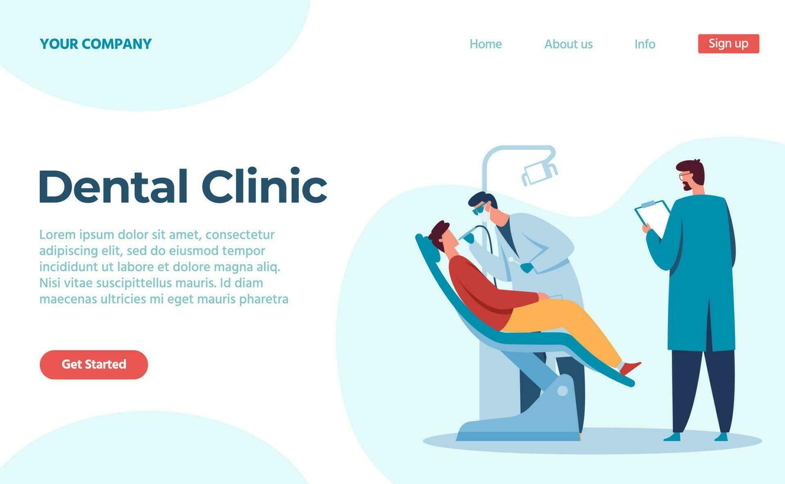 Dental clinic, doctor treat patient in chair, landing page vector