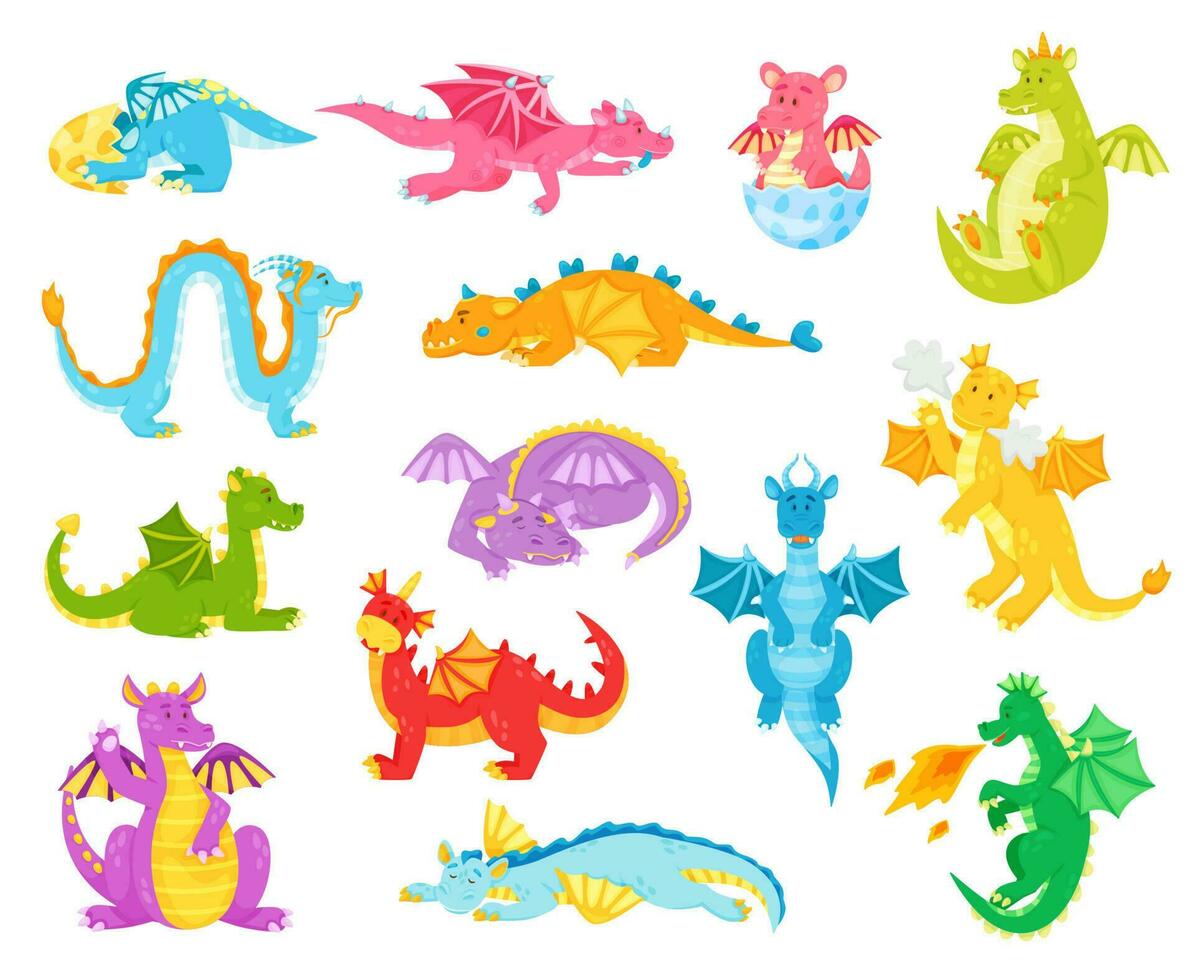 Cartoon dragons, funny fantasy reptiles. Colorful dinos for kids fairytale. Magic characters from medieval mythology vector