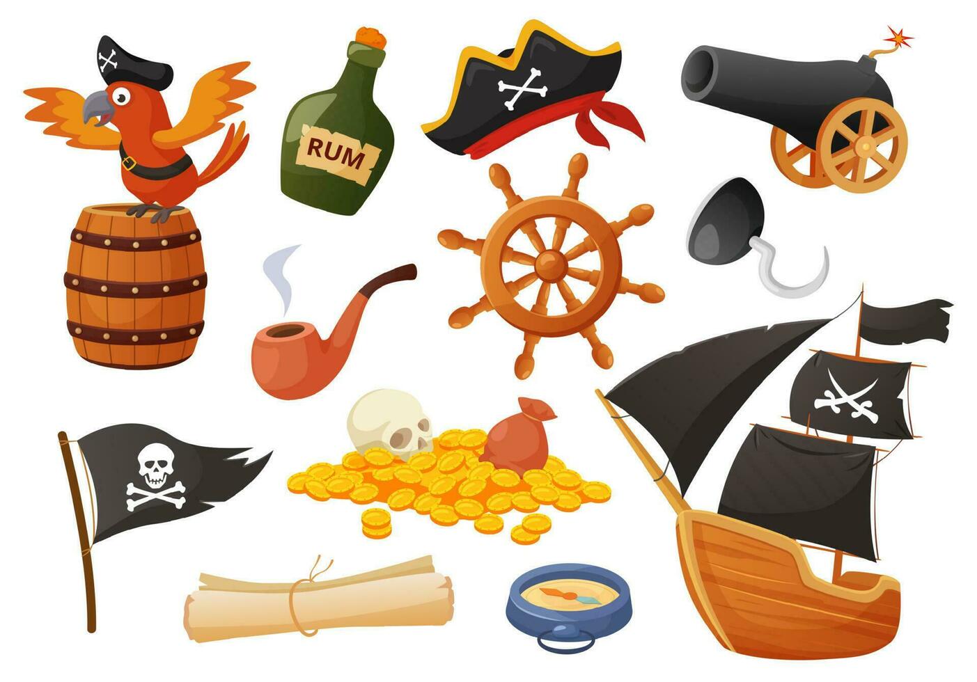 dibujos animados pirata elementos, loro, cañón, tesoros, navegación barco. bandera, direccion rueda, Brújula, mapa, piratas mar aventuras vector conjunto