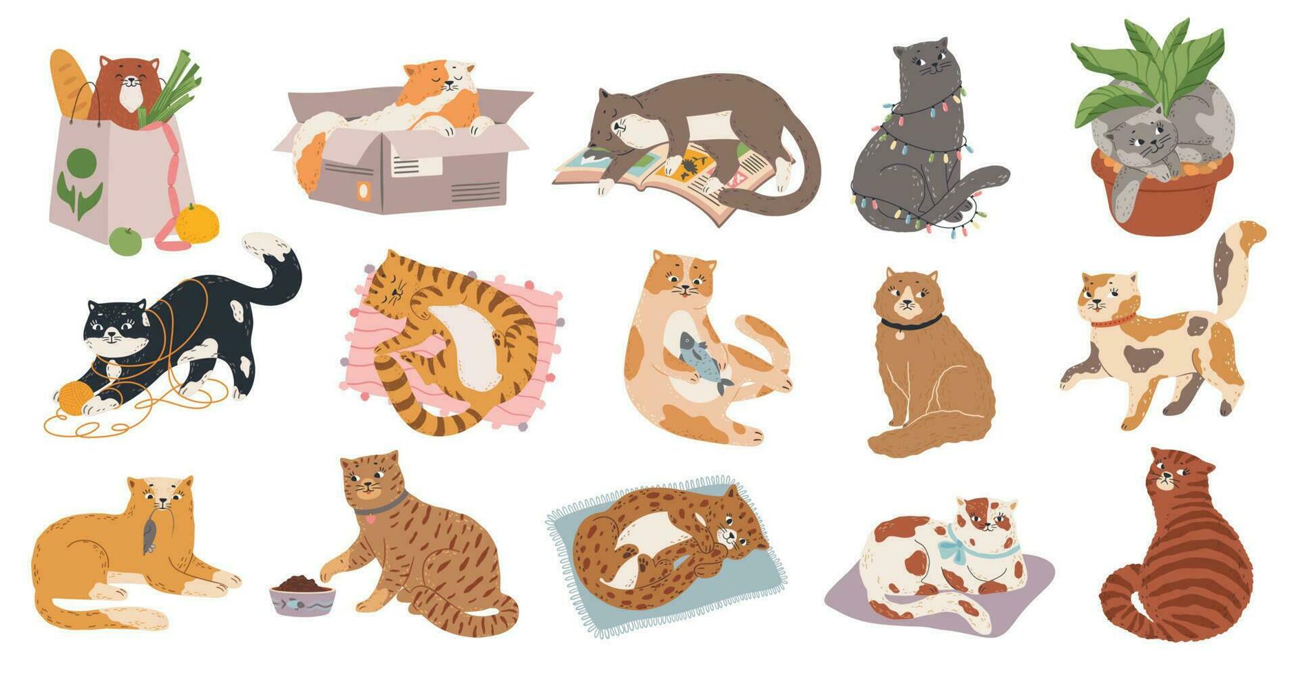 Cute fluffy kitty collection play or sleep vector