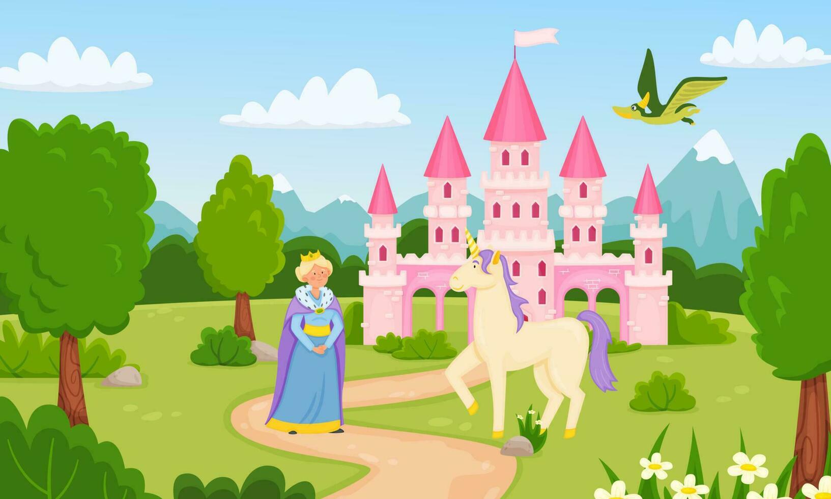 Children fairy tale vector illustration. Medieval pink castle with queen and fictional unicorn, flying dragon. Royal kingdom