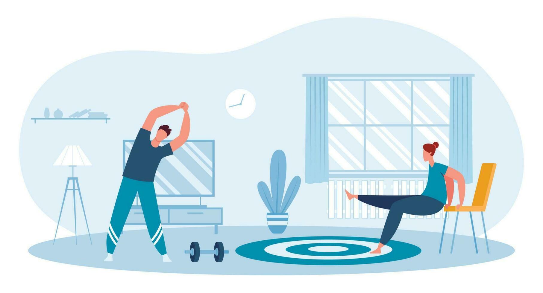 Fitness at home. Man and woman doing physical exercise in living room. Characters doing sport, leading healthy lifestyle vector