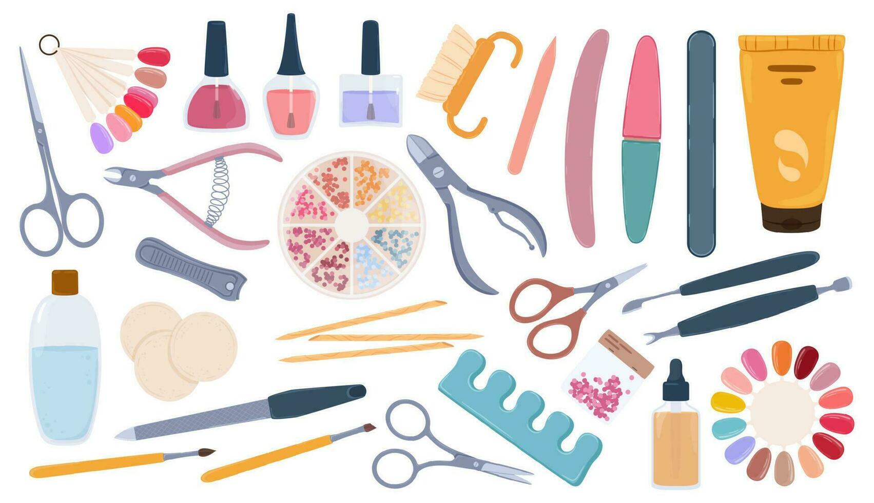 Manicure and pedicure tools or accessories, nail salon supplies. Hand cream, polish samples, files, scissors, nails care elements vector set