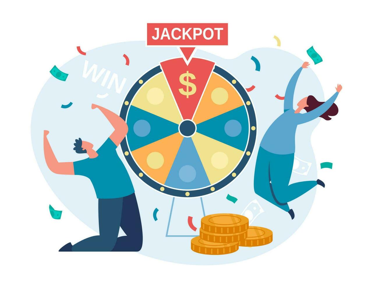 Lucky people spinning fortune wheel and winning jackpot. Characters win cash prizes, lottery winners, online gambling vector illustration