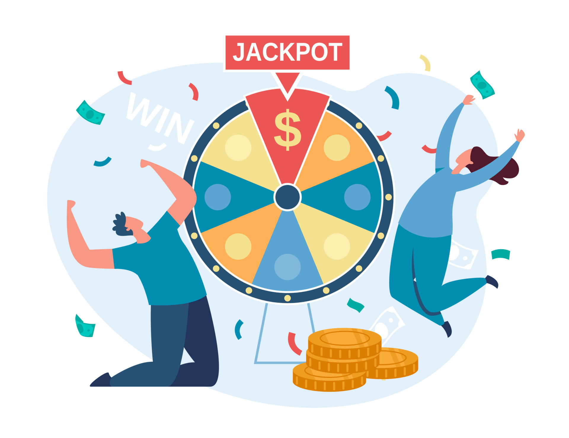 Lucky people spinning fortune wheel and winning jackpot. Characters win