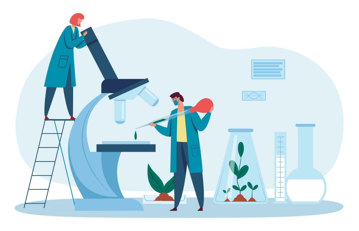 Scientist or biologist working in laboratory. Man dropping liquid, woman examining drip in microscope vector